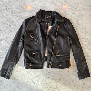 H&M Faux Dark Leather Jacket with Zipper Details